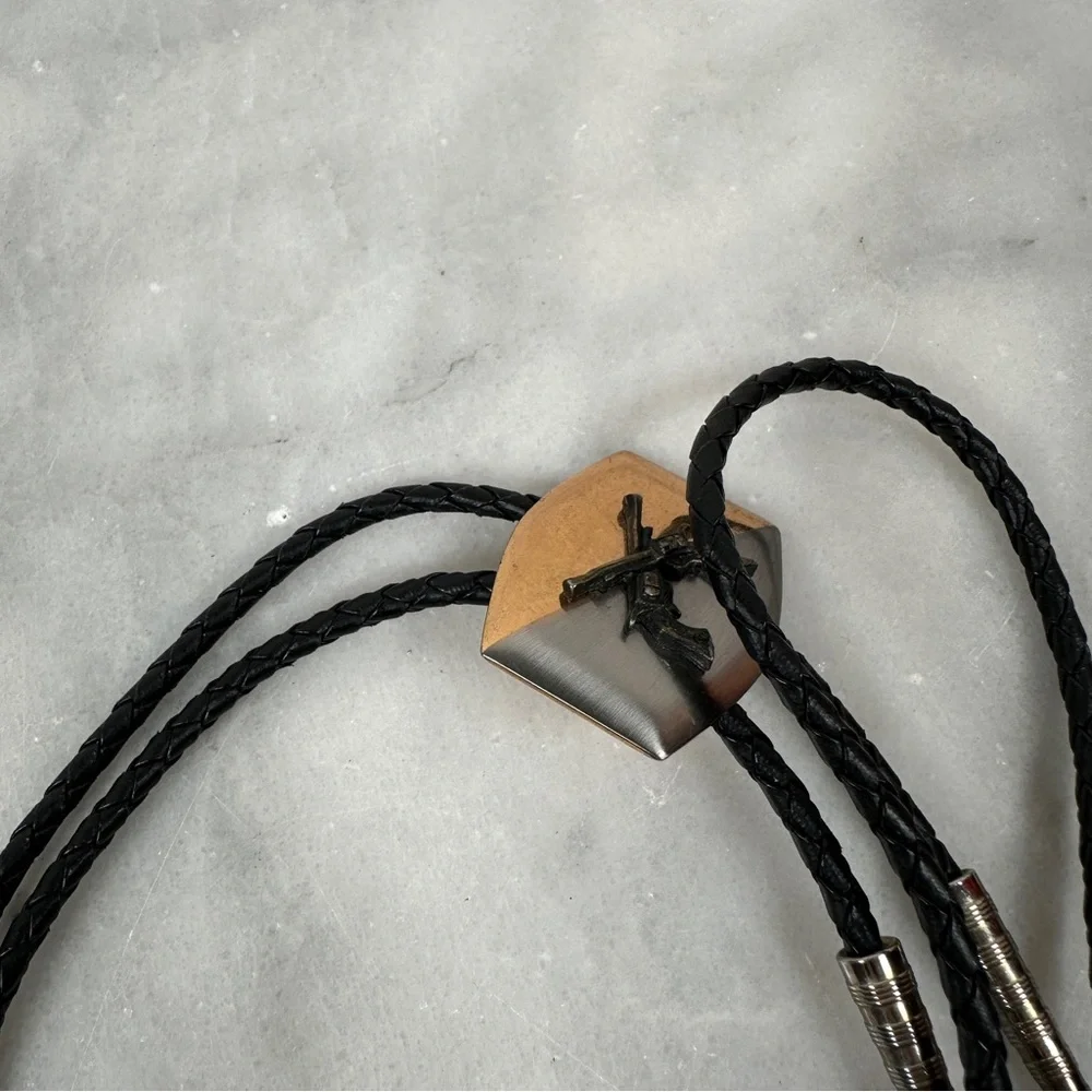 Bolo tie pistol western cowboy Black‎ Silver leather gun revolver braided gold